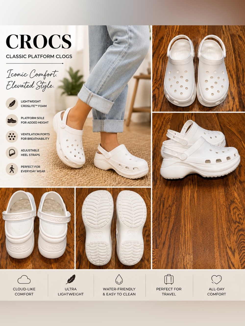 Crocs Classic Platform Clogs White Women’s Size 10 Lightweight Comfort Shoe